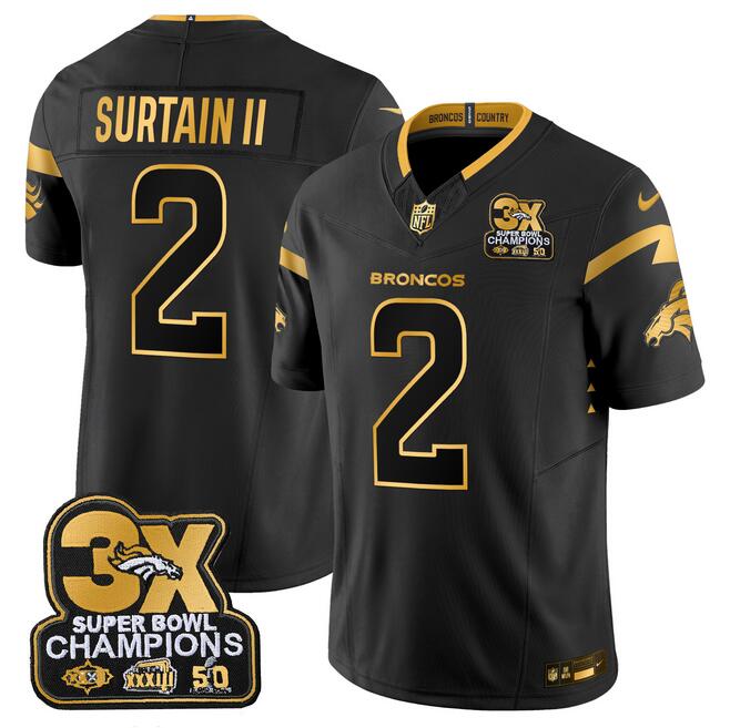 Men's Denver Broncos #2 Pat Surtain II Black/Gold F.U.S.E. 3-Time Champions Patch Vapor Limited Stitched Football Jersey Men's Denver Broncos #2 Pat Surtain II Black/Gold F.U.S.E. 3-Time Champions Patch Vapor Limited Stitched Football Jersey